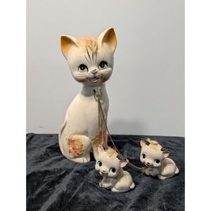 VTG Spaghetti Cat Mom & Kittens Japan 1950s MCM Ceramic Kitsch Collectible Fig